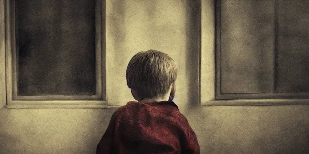 Prompt: little boy looking at the window, his face is reflected on the glass, beautiful artwork by katia chausheva