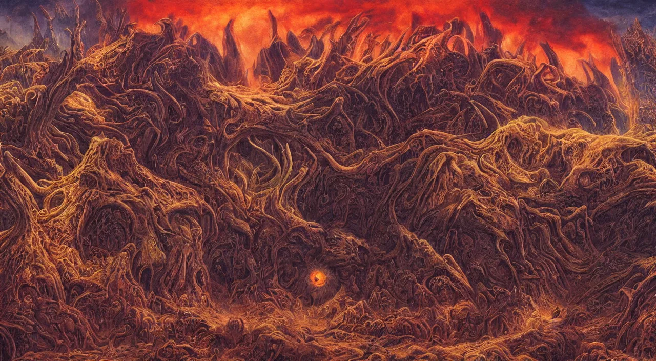 Image similar to a beautiful detailed portrait of satan with long horns and fiery vortex eyes in the foreground, in a vast cosmic hellscape by roger dean, by laurie lipton, detailed, realistic shadows, volumetric lighting, mythical, rendered in redshift, matte painting