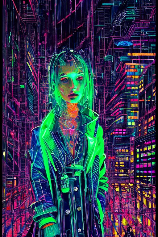 Image similar to dreamy cyberpunk girl, neon rain coat, detailed acrylic, intricate complexity, by dan mumford and by alberto giacometti, peter lindbergh