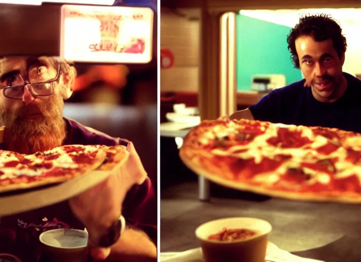 Image similar to portrait of charlie kaufman eating pizza at chuck - e - cheese, with felipe dieppa, and with vince peone, dramatic lighting, moody film still from being john malkovich ( 2 0 0 1 ), 3 5 mm kodak color stock, 2 4 mm lens, directed by spike jonze, ecktochrome