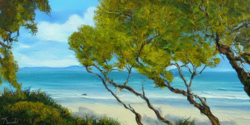 Image similar to golden bay new zealand, abel tasman, native NZ bush ferns, colorful oil painting, trending on artstation