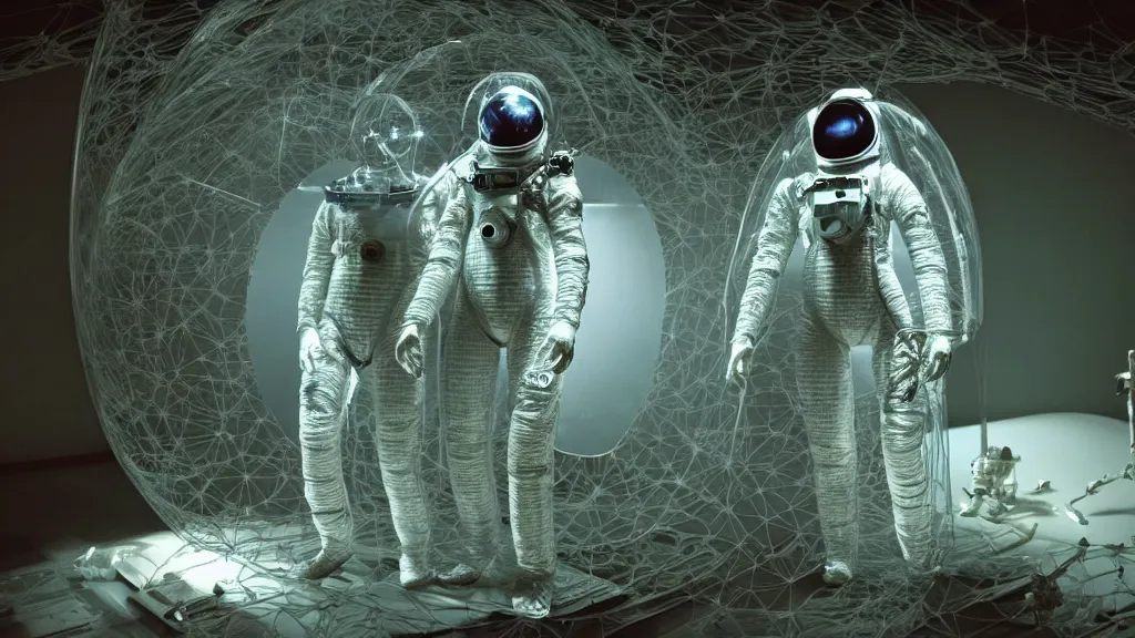 Image similar to a cybernetic symbiosis of a single astronaut eva suit infected with diamond 3d fractal lace iridescent bubble 3d skin covered with insectoid compound eye camera lenses floats through the living room, film still from the movie directed by Denis Villeneuve with art direction by Salvador Dalí, wide lens,