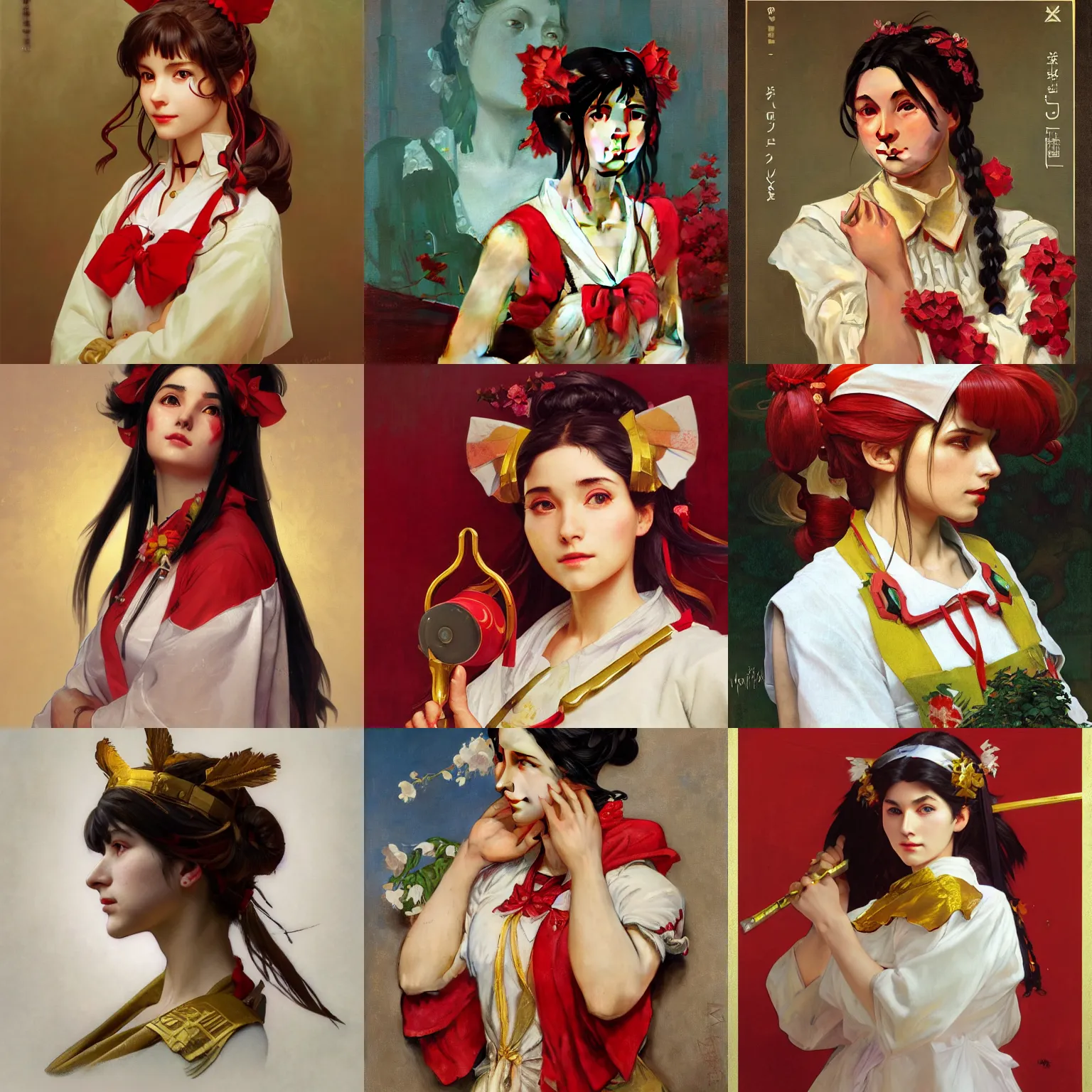 Prompt: a portrait painting of reimu hakurei, by greg rutkowski and norman rockwell and alphonse mucha, marble, gold, unreal engine 5