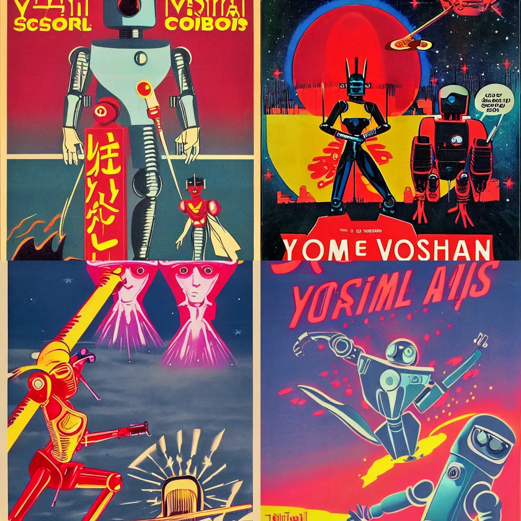 Yoshimi versus the evil robots, vintage sci-fi movie, Stable Diffusion