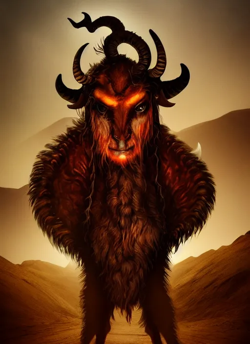 Image similar to terrific jinn demon in middle of desert with hoof on his feet and goat face with long cloth, horror, dark atmosphere, harsh lighting, cinematic lighting, scary, award wining art, artstation, high details, concept art, 4 k