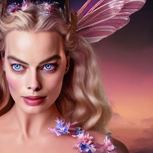 Image similar to margot robbie as a beautiful fairy, 8 k resolution hyperdetailed photo realistic, extremely high quality and life like