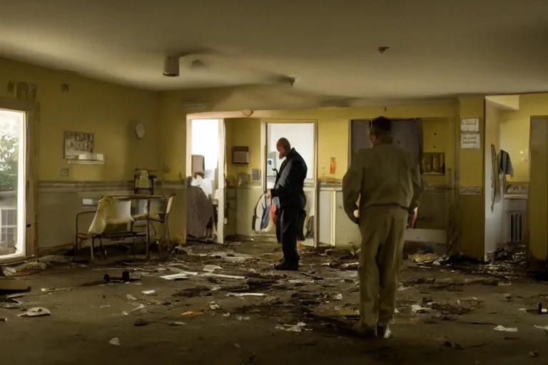 Image similar to cinematography of detectives investigating a crime scene in a rundown motel by Emmanuel Lubezki