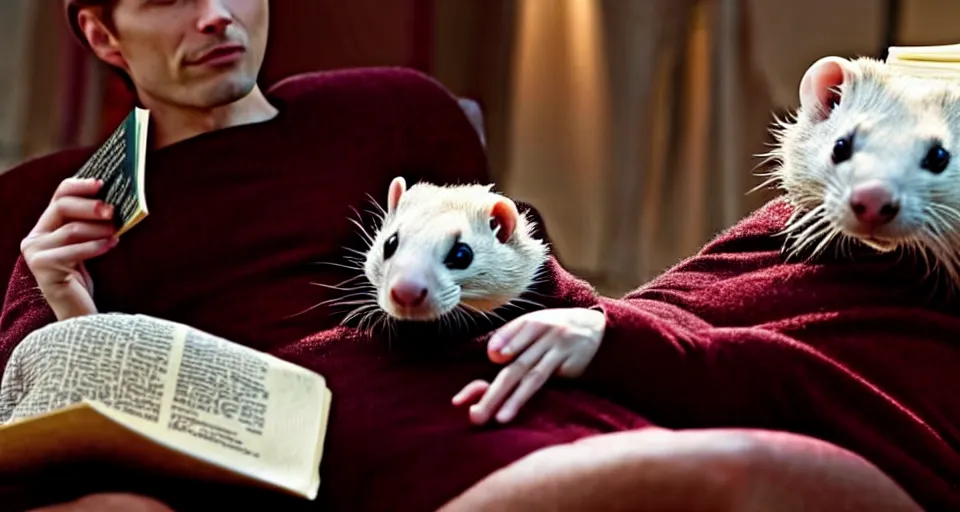 Image similar to An incredibly beautiful scene from a 2022 Marvel film featuring a humanoid ferret reading on a couch. An anthropomorphic ferret person. 8K UHD.