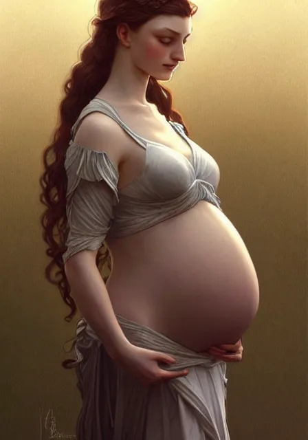 Image similar to pregnant sansa creepy, intricate, elegant, highly detailed, digital painting, artstation, concept art, smooth, sharp focus, illustration, art by artgerm and greg rutkowski and alphonse mucha and william - adolphe bouguereau