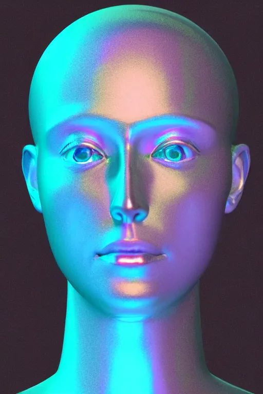Image similar to 3d render of holographic human robotic bust made of glossy iridescent, bust, surrealistic 3d illustration of a human non-binary, non binary model, 3d model human, cryengine, made of holographic texture, holographic material, holographic rainbow, concept of cyborg and artificial intelligence