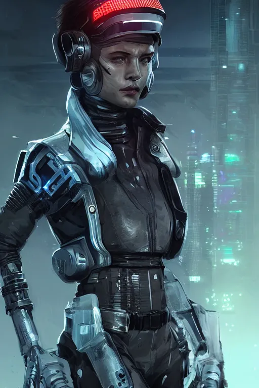 Image similar to portrait Poster, female cyberpunk pilot in full armor suite, dramatic lighting, cinematic, establishing shot, extremly high detail, photo realistic, cinematic lighting, post processed, concept art, artstation, matte painting, style by eddie mendoza, raphael lacoste, alex ross