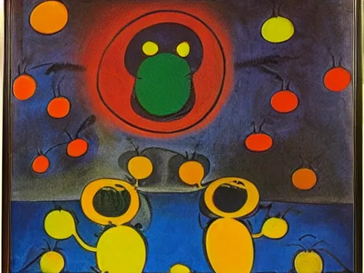 Image similar to oil painting of strange beings in a temple, Joan Miro