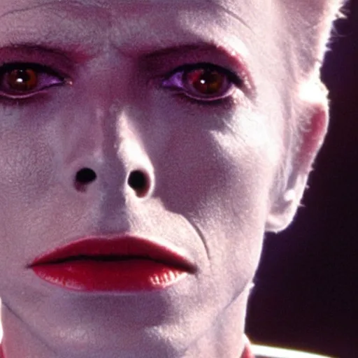 Image similar to A young David Bowie on the bridge of a starship, movie still,colour