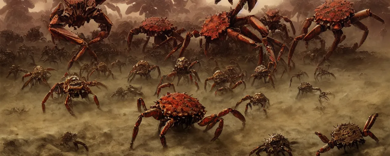 Prompt: a herd of giant crabs running abound on barren desert exoplanet by James Gurney, Beksinski and Alex Gray, every crab is a menacing warhammer 40k chaotic xenos, diabolic wh40k crab xenos scourge running abound