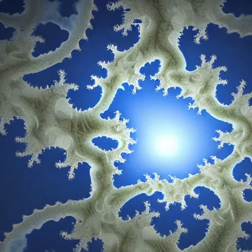 Prompt: a partly cloudy sky in the summer, invaded by a branching fractal pattern beginning to spread across the heavens