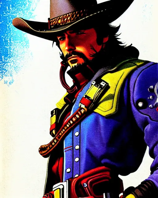 Image similar to mccree from overwatch, cyber space cowboy, outter space, character portrait, portrait, close up, concept art, intricate details, highly detailed, vintage sci - fi poster, retro future, vintage sci - fi art, in the style of chris foss, rodger dean, moebius, michael whelan, and gustave dore