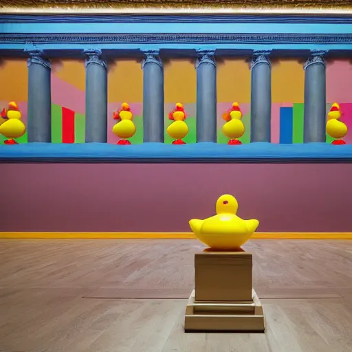 Prompt: wide shot, one photorealistic rubber duck in foreground on a pedestal in an cavernous museum gallery, metropolitan museum of art, the walls are covered with colorful geometric wall paintings in the style of sol lewitt, tall arched stone doorways, through the doorways are more wall paintings in the style of sol lewitt.