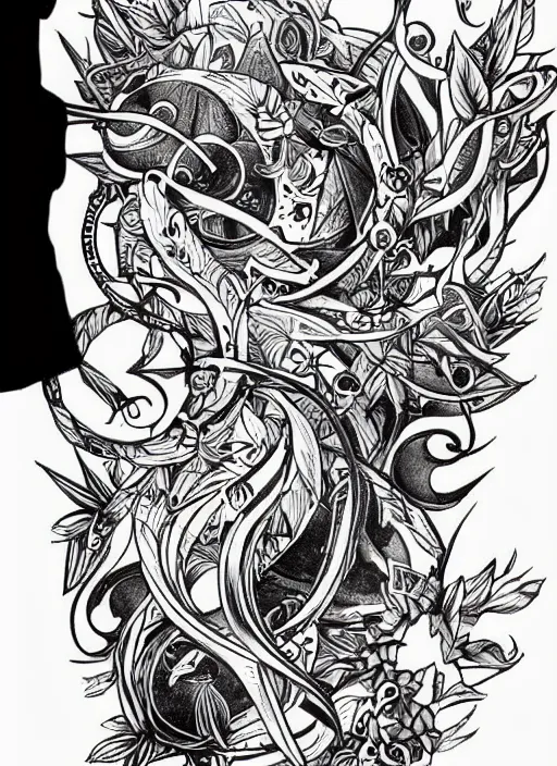 Prompt: tattoo flash art, black and white, by james jean