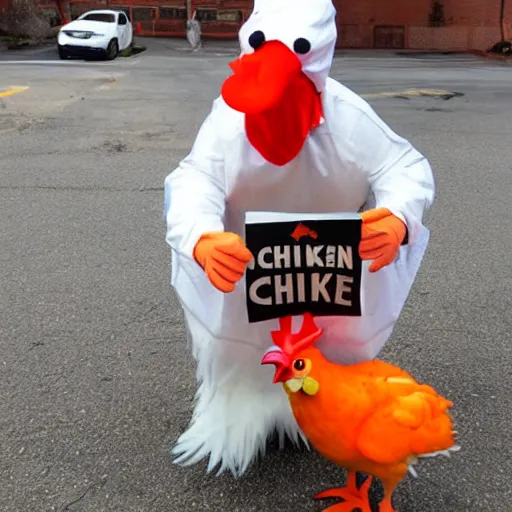 Prompt: chicken dressed as an inmate, real photo