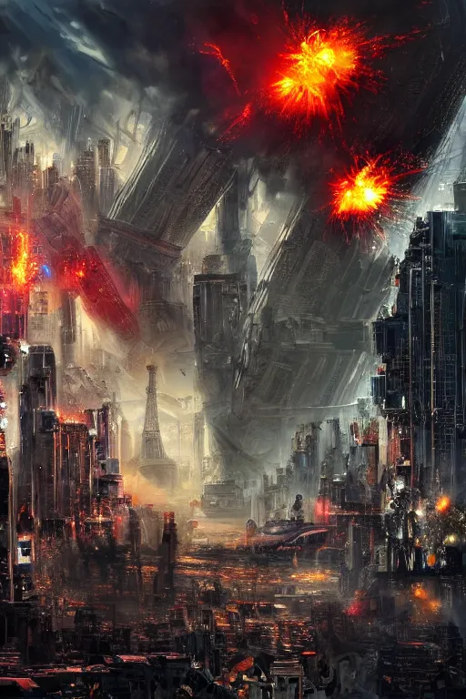 Image similar to paris cyberpunk attacked by aliens, lots of explosions and destroyed building, realistic, high definition, many details, dramatic scene, detailed and realistic hands, symmetrical face, realistic eyes, art of Roland Emmerich