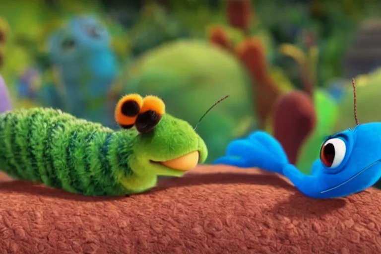 Image similar to disney pixar's a bug's life, cgi caterpillar colorful, furry caterpillar