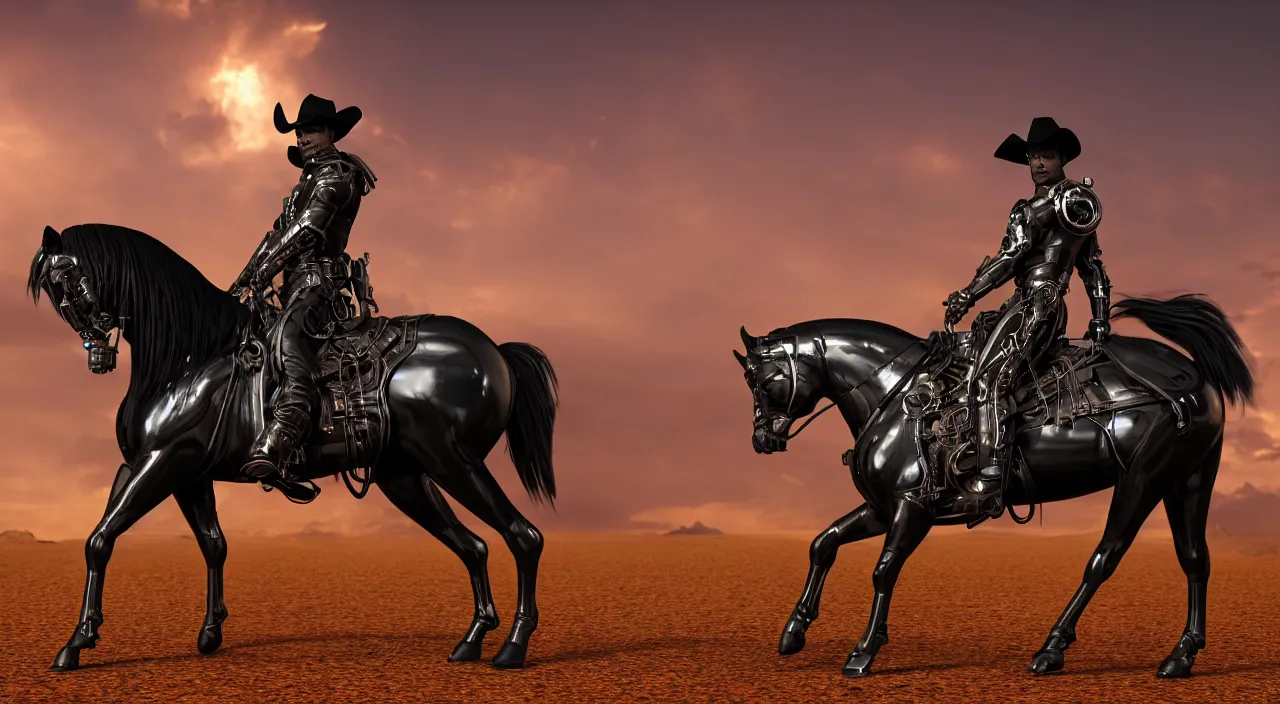 Prompt: Dark gloss black futuristic cyborg with powerful glowing energy source in it's chest, the cyborg is wearing a classic 1800s western cowboy outfit riding a horse on a ranch at dusk. Cinematic, Award winning, ultra high resolution, intricate details, rendered with unreal engine, UHD 8K