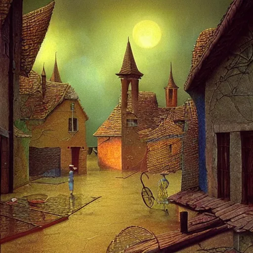 Prompt: scene from a dream. village. digital artwork by vincent bons, michael whelan, remedios varo and gerardo dottori. grainy and rough. interesting pastel colour palette. beautiful light. oil and water colour based on high quality render.