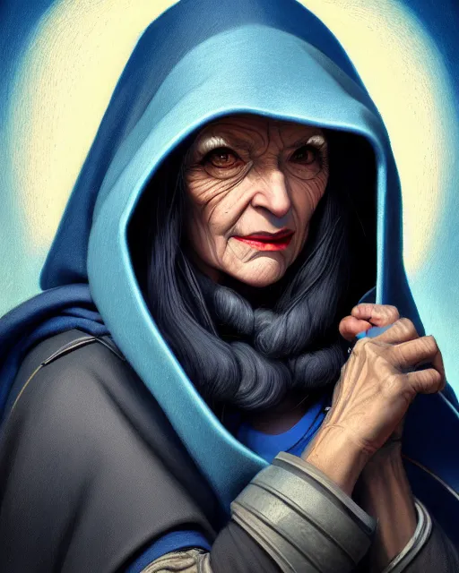 Image similar to ana from overwatch, older woman, gray hair, blue hooded cloak, character portrait, portrait, close up, highly detailed, intricate detail, amazing detail, sharp focus, vintage fantasy art, vintage sci - fi art, radiant light, caustics, by boris vallejo