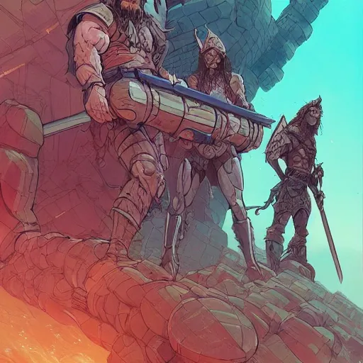 Image similar to cell shaded cartoon, conan the barbarian and a wizard stand down the barrel a giant magical technology railgun, concept art by josan gonzales and wlop, Laurie Greasley, Jordan Grimmer, Beksiński and james jean, highly detailed, sharp focus, Trending on Artstation, HQ, deviantart, art by artgem