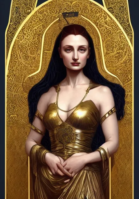 Image similar to sansa angeline jolie gessica chastain mummy cleopatra gold, intricate, elegant, highly detailed, digital painting, artstation, concept art, smooth, sharp focus, illustration, art by artgerm and greg rutkowski and alphonse mucha and william - adolphe bouguereau