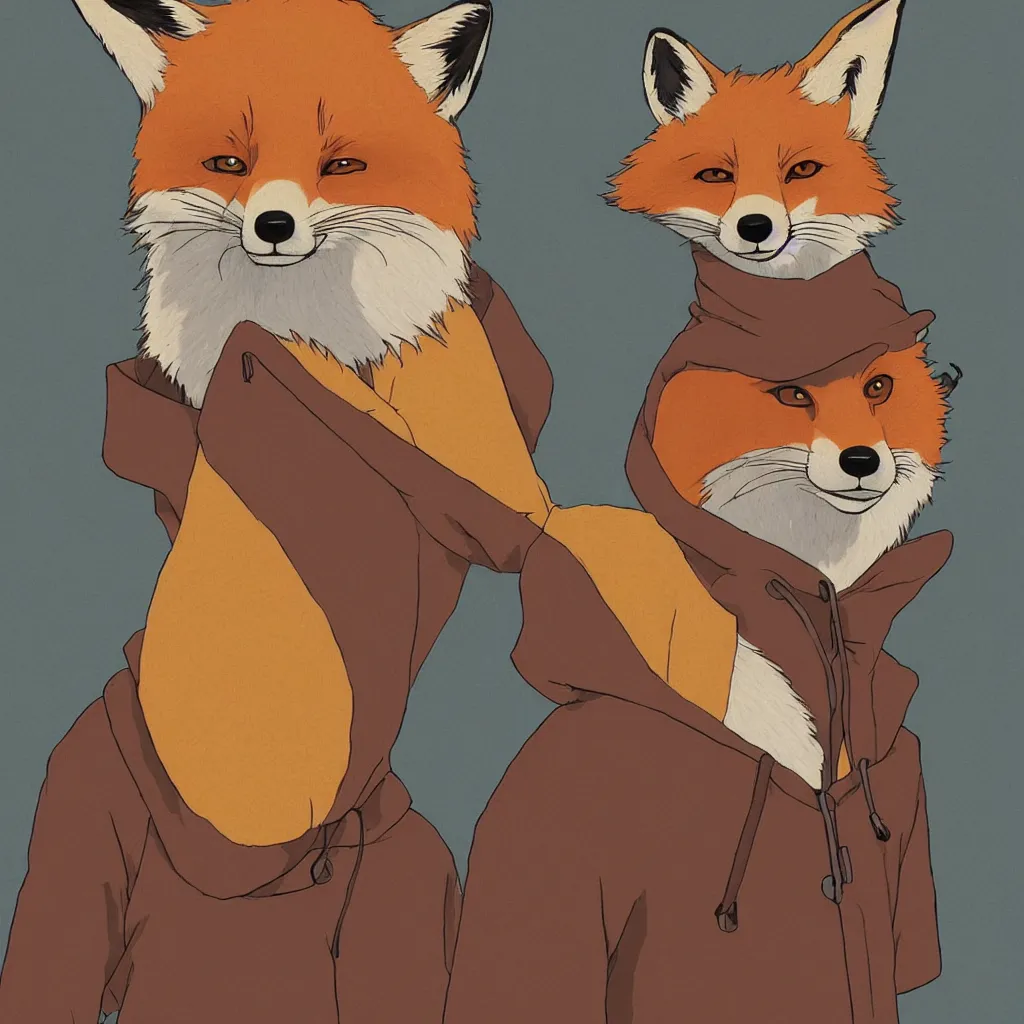 Image similar to a portrait of an anthropomorphic fox wearing a hoodie by studio ghibli