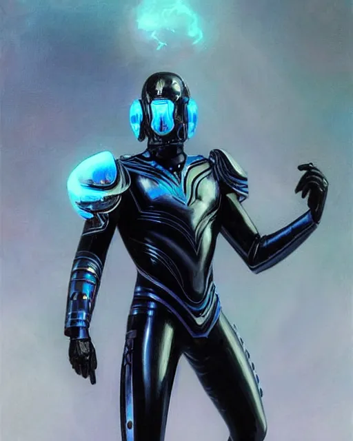 Image similar to character concept of iridescent sinewy smooth muscular male sleek glossy bluish black pearlescent scifi armor with smooth black featureless helmet, by greg rutkowski, mark brookes, jim burns, tom bagshaw, magali villeneuve, eve ventrue, trending on artstation