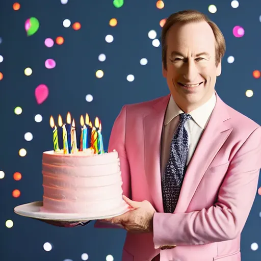 Prompt: bob odenkirk, grinning, wearing a light - pink suit, holding a birthday cake, lit candles, 3 7 balloons in the background, studio photograph, cinematic lighting, symmetrical face