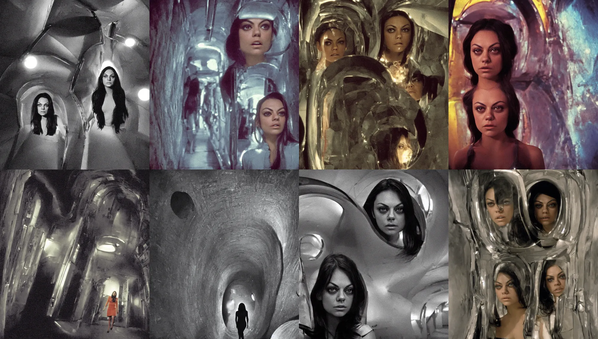 Prompt: face close-up of Mila Kunis walking through an eerie space ship hallway, 1960s Technicolor, Ludek Pesek, Rick Guidice, Chesley Bonestell, Lucien Rudaux, Rolf Klep, Fred Freeman, George Pal