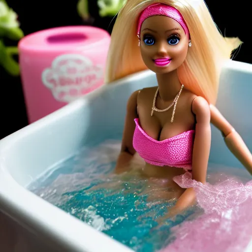 Image similar to barbie doll in the bath, macro shot, stopmotion