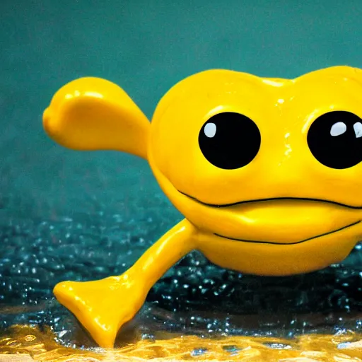 Image similar to anthropomorphic frog urinating into yellow ocean
