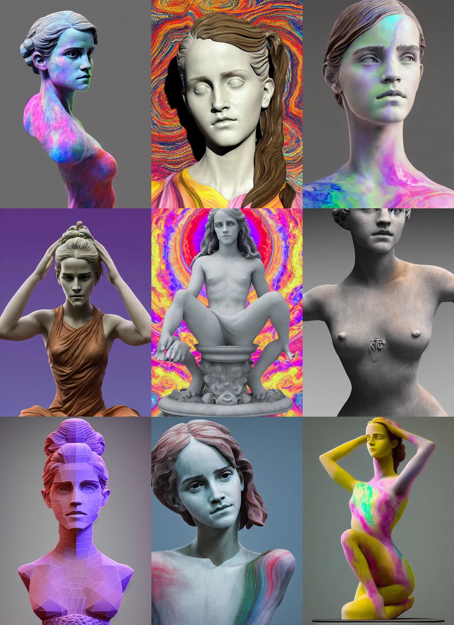 Prompt: 3D print marble sculpture of Emma Watson by Jean-Baptiste Carpeaux and Luo Li Rong and Michael James Talbot, yoga meditation pose, beautiful body, perfect symmetrical face, colorful, bright psychedelic colors, full length shot, elegant, academic art, realistic, 8K, female full-skin figure, Hyperrealism, Subsurface scattering, raytracing, soft light, Octane Render, Redshift, Zbrush