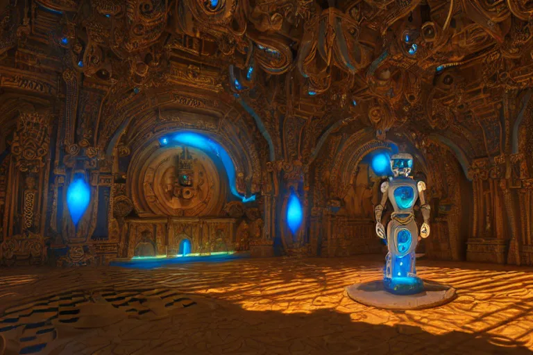 Prompt: Vivec Robot, in a temple, elaborate, intricate, beautiful, magical, hyperrealistic, DAZ, unreal 5, fisheye, dynamic lighting, art by beeple