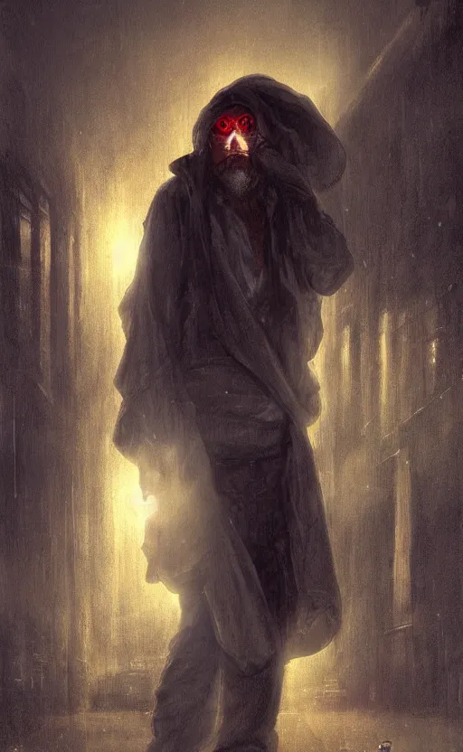 Image similar to Homeless man with divine glowing eyes begging for money in a raining dark city alley by by Charlie Bowater and Pierre Auguste Cot