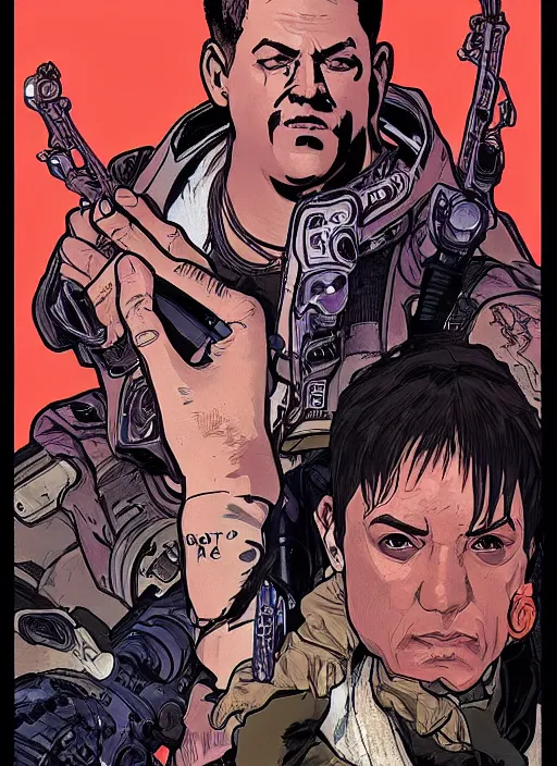 Prompt: cyberpunk paul blart fighting kickboxer. portrait by ashley wood and alphonse mucha and laurie greasley and josan gonzalez and james gurney. spliner cell, apex legends, rb 6 s, hl 2, d & d, cyberpunk 2 0 7 7. realistic face. vivid color. dystopian setting.