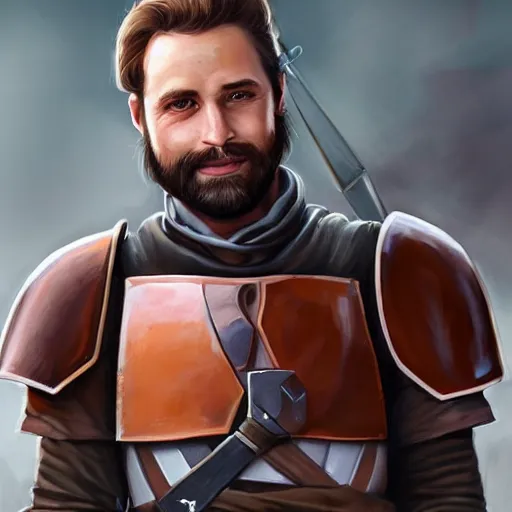 Prompt: Portrait of a man with brown hair and beard smiling in Mandalorian armor, digital art, realistic, artstation, detailed