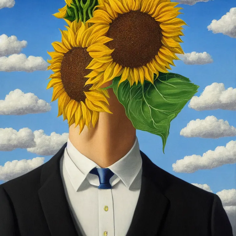 Image similar to portrait of a faceless sunflower - head man in a suit, clouds in the background, by rene magritte, detailed painting, distance, centered, hd, hq, high resolution, high detail, 4 k, 8 k