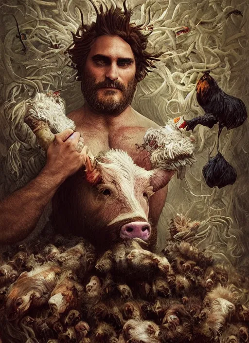 Image similar to a hyper detailed painting of joaquin phoenix surrounded by animals, cow horns, pig nose, sheep wool, chicken feather armor, horror, by anna podedworna, by miklos ligeti, by diego maricato, by taran fiddler, by antonino truisi, by chris reddie, by jinsung lim, trending on artstation