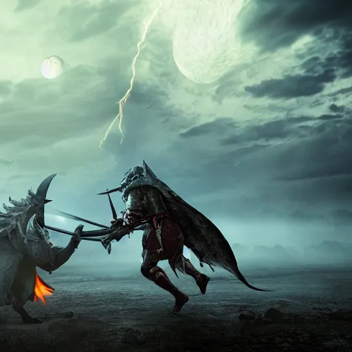 Image similar to Fight between a powerful demon and a knight , volumetric lighting, moon light, hyperrealistic, beautiful details, HDR, octane render, action shot, wide angle, horror theme, cinematic,