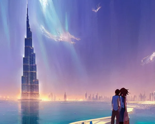 Prompt: dubai city and burj khalifa in front blue water, atmospheric lighting. by makoto shinkai, stanley artgerm lau, wlop, rossdraws, james jean, andrei riabovitchev, marc simonetti, krenz cushart, sakimichan, d & d trending on artstation, digital art.