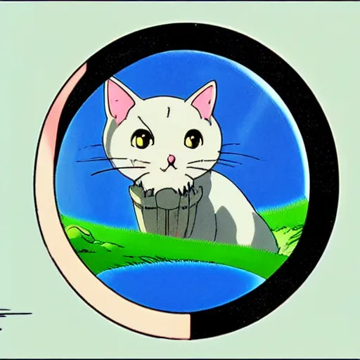 Prompt: a cat stares out of a circular bubble window, 1 9 9 0 s anime, animation cel, kawaii, soft glow, studio ghibli, grainy