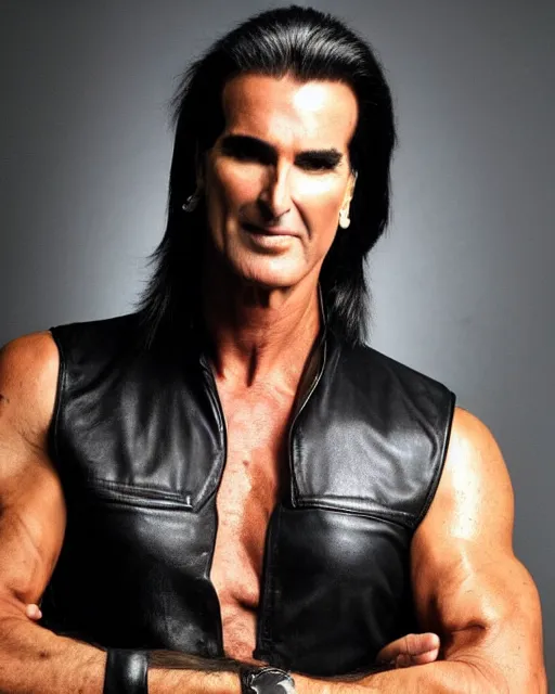 Prompt: photo of fabio lanzoni with black hair and a five o clock shadow wearing a black black leather vest vest, shirtless, dark cargo pants 9 9 9 9 9 9 9 9 9