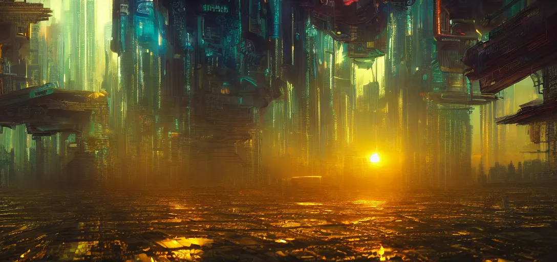 Image similar to an amazing deep painting of a cyberpunk world made of marijuana, intricate detail, sunset, idyllic, serene, volumetric lighting, 8 k, photorealistic, digital art trending on artstation