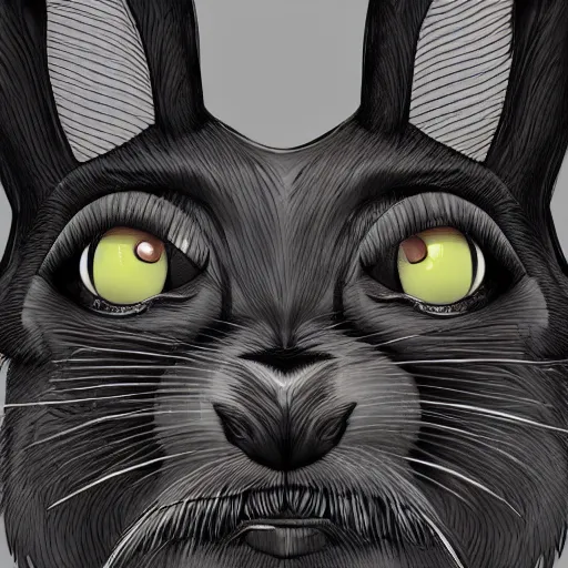 Image similar to A extremely highly detailed majestic hi-res beautiful, highly detailed head and shoulders portrait of a scary terrifying, horrifying, creepy black cartoon rabbit with a bowtie and scary big eyes, earing a shirt laughing, hey buddy, let's be friends, in the style of Walt Disney