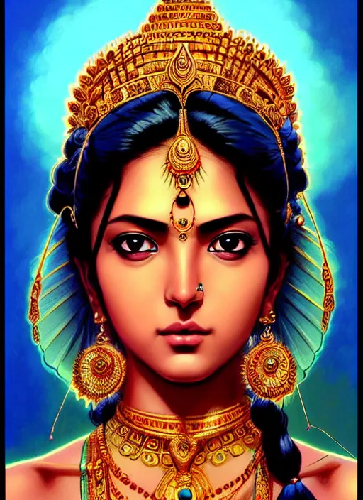 Prompt: a comic portrait of an indian goddess, fine - face, realistic shaded perfect face, fine details. cosmic setting. very anime style. realistic shaded lighting poster by ilya kuvshinov katsuhiro, magali villeneuve, artgerm, jeremy lipkin and michael garmash, rob rey and kentaro miura style, trending on art station